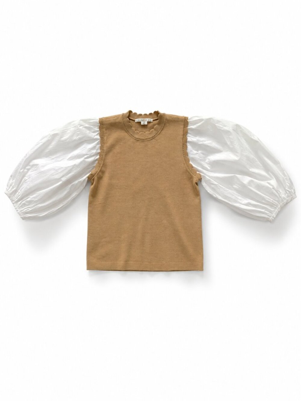 Veronica Beard Steffi Mixed Media Camel Knit Puff Sleeve Top Size L